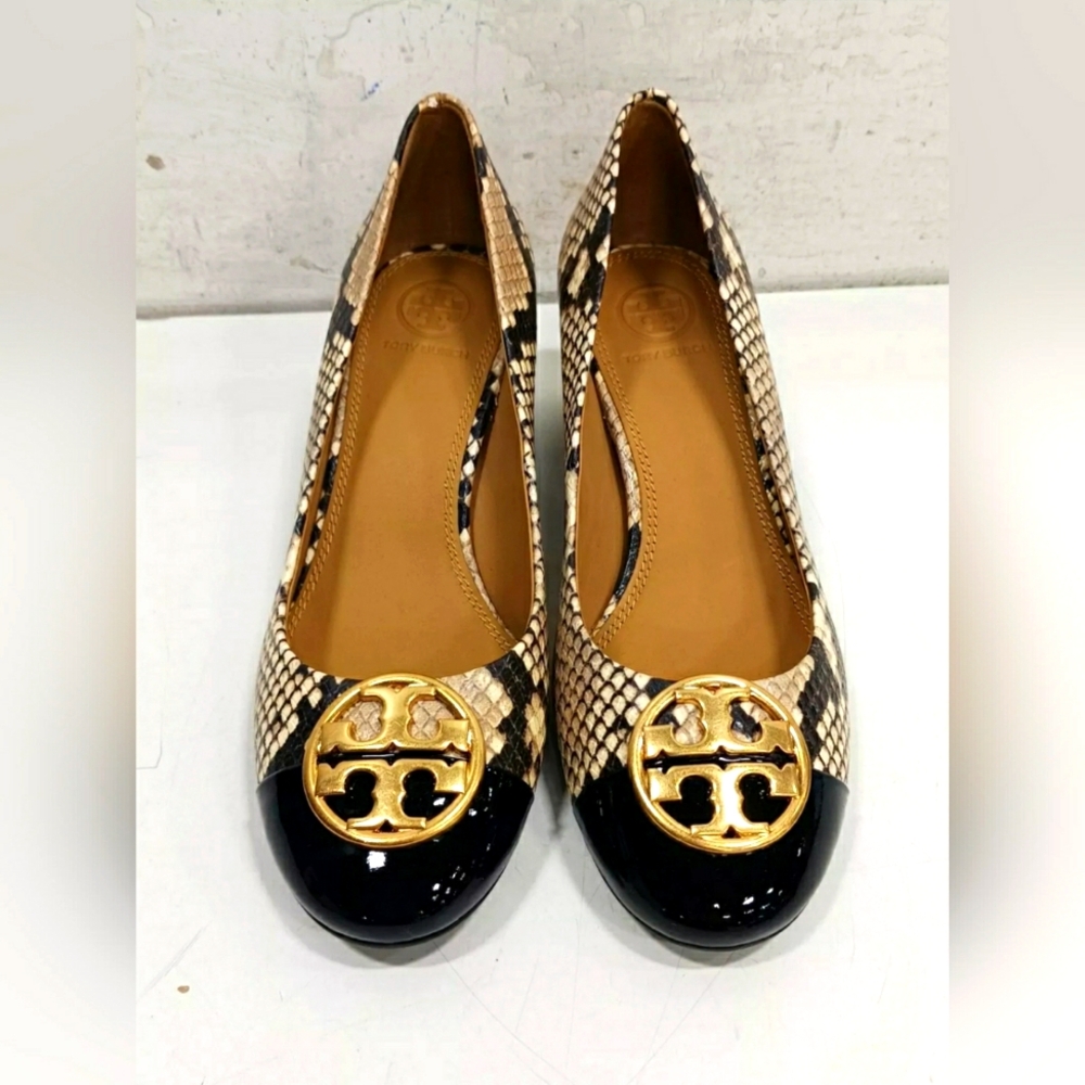 Tory Burch Like New Python Embossed Cap Toe Block… - image 1